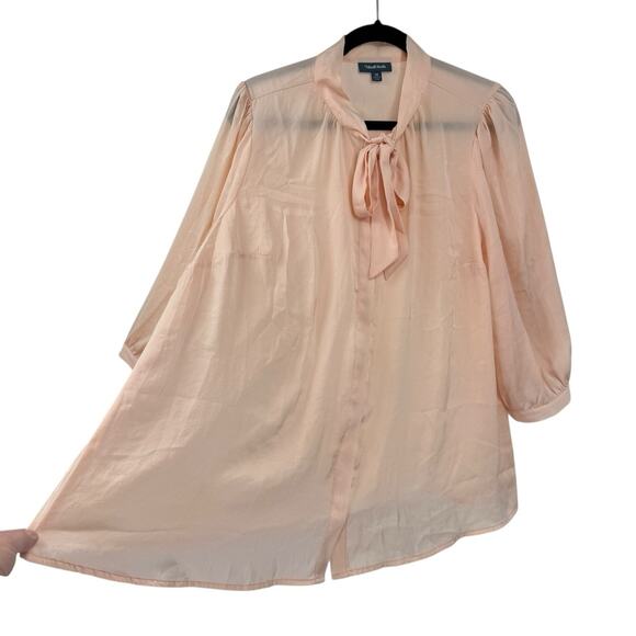 ModCloth Women Size 1X Tie Neck Blouse Peach Silky Classic 3/4 Sleeve Button Up - Picture 2 of 11